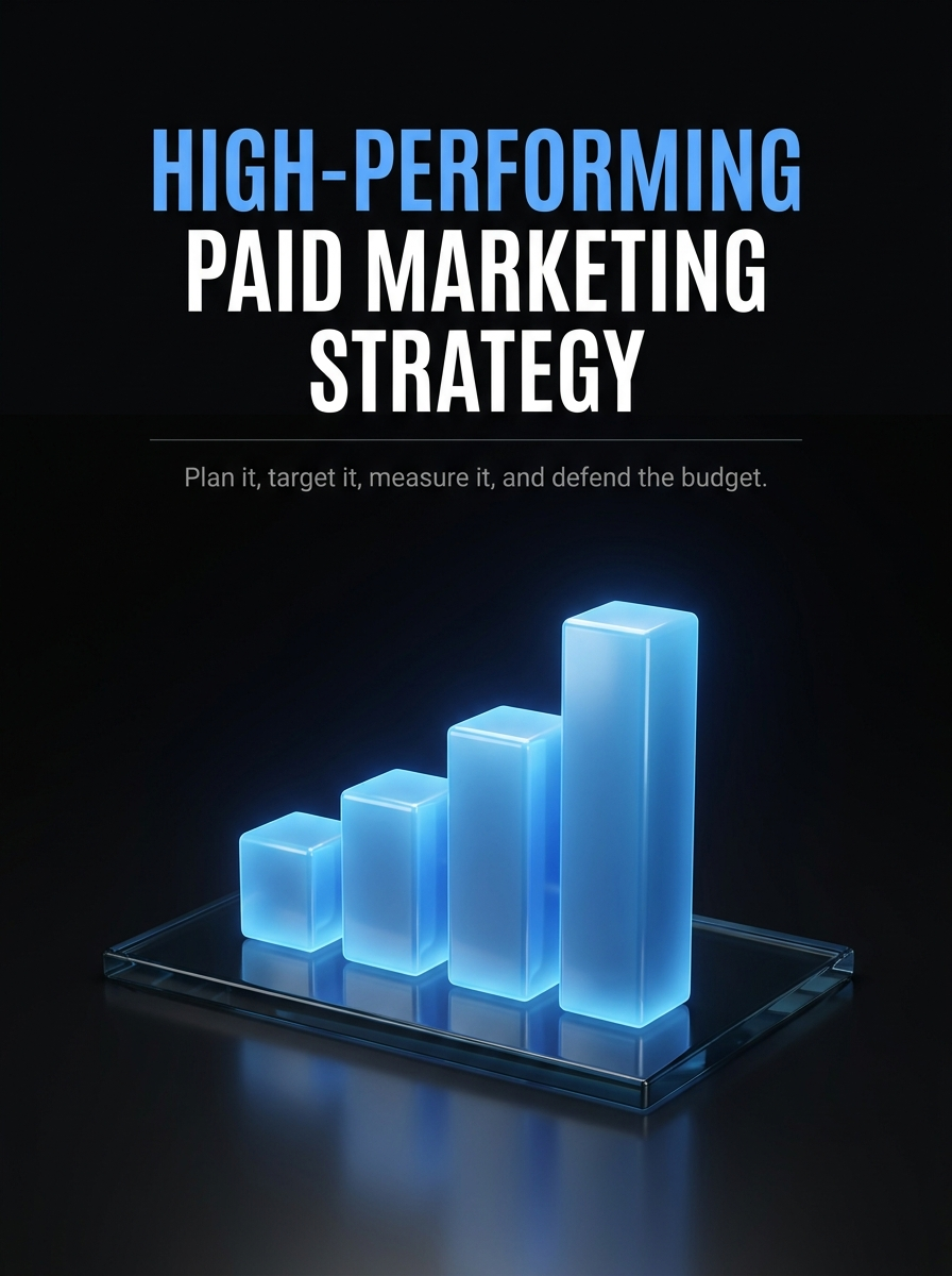 High-Performing Paid Marketing Strategy guide cover, a blue ascending bar chart on black, from Buscemi IT Solutions