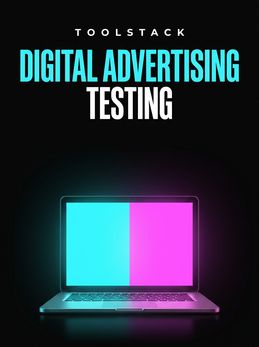 Digital Advertising Testing toolstack cover, a laptop with a split cyan and magenta screen on black, from Buscemi IT Solutions