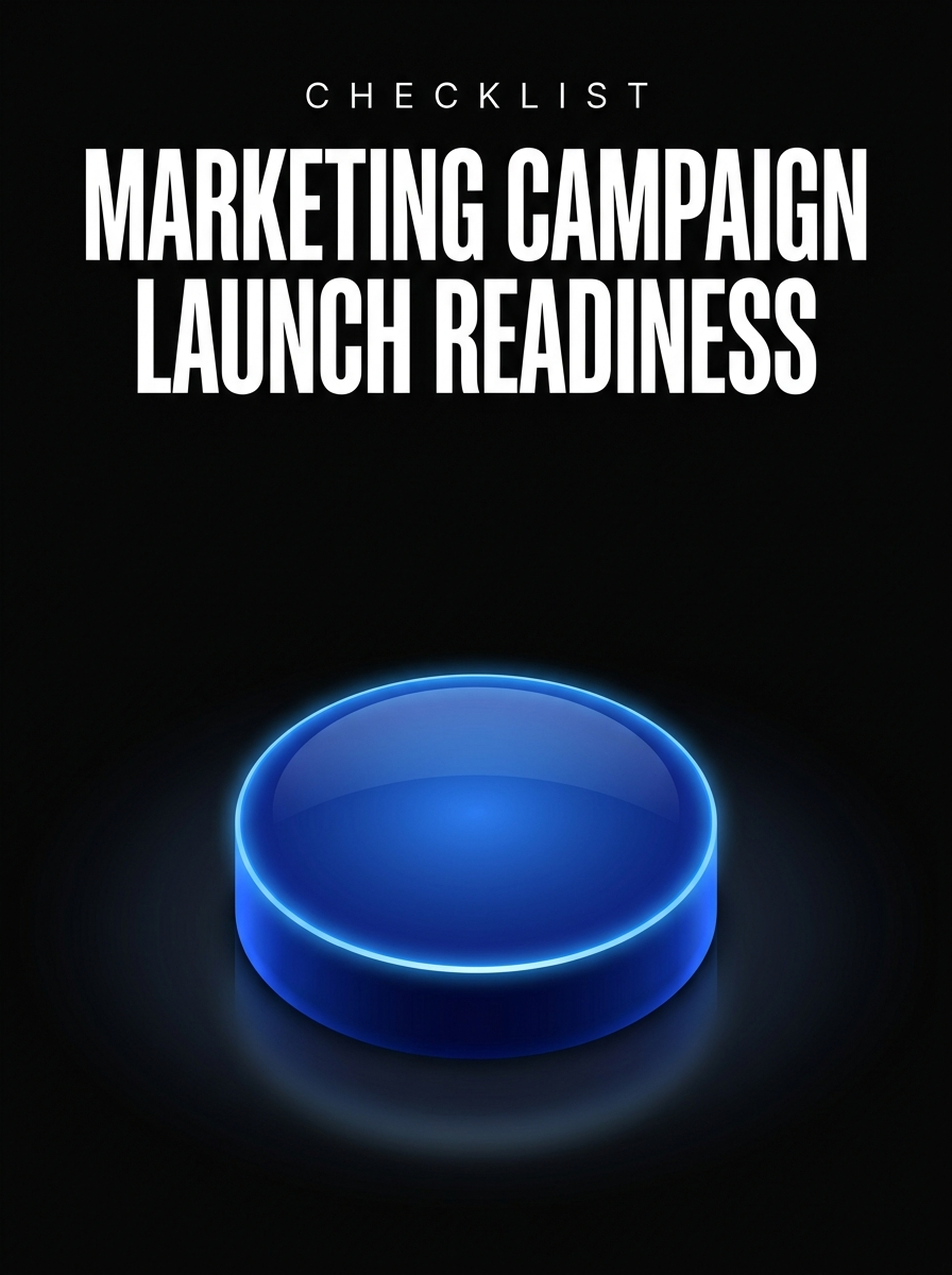 Marketing Campaign Launch Readiness checklist cover, a glowing blue launch button on black, from Buscemi IT Solutions