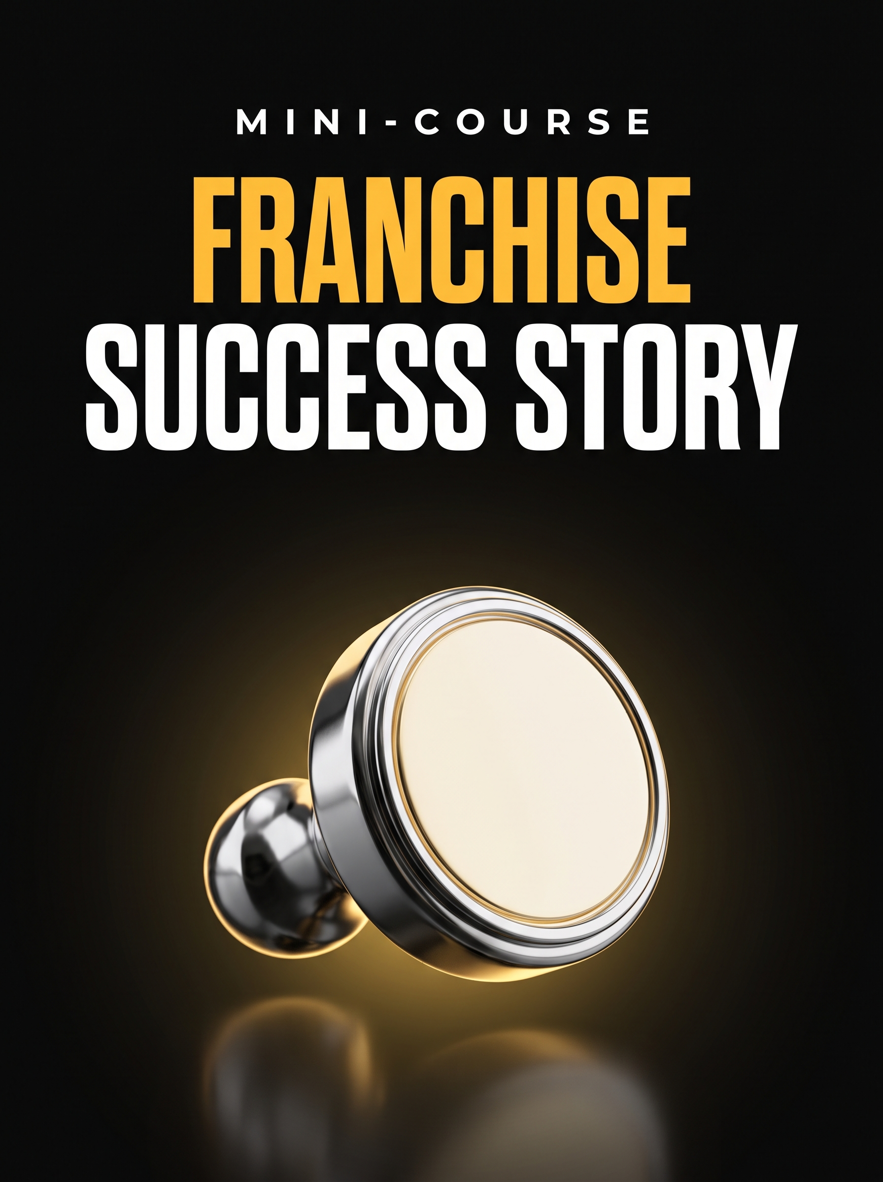 Franchise Success Story mini-course cover, a glowing gold rubber stamp on black, from Buscemi IT Solutions