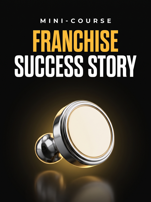 Franchise Success Story mini-course cover, a glowing gold rubber stamp on black, from Buscemi IT Solutions