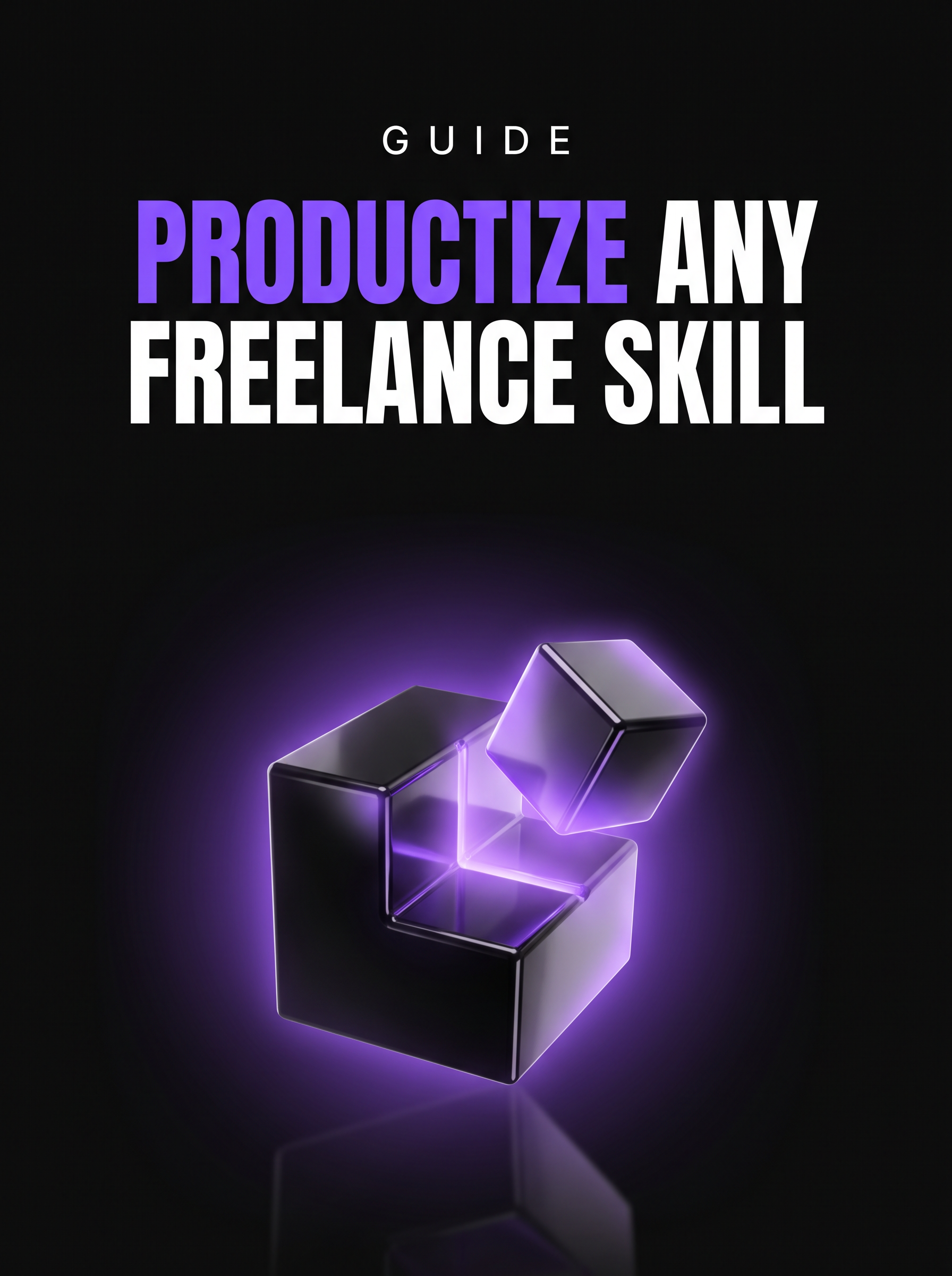Productize Any Freelance Skill guide cover, a glowing violet block splitting into a cube on black, from Buscemi IT Solutions