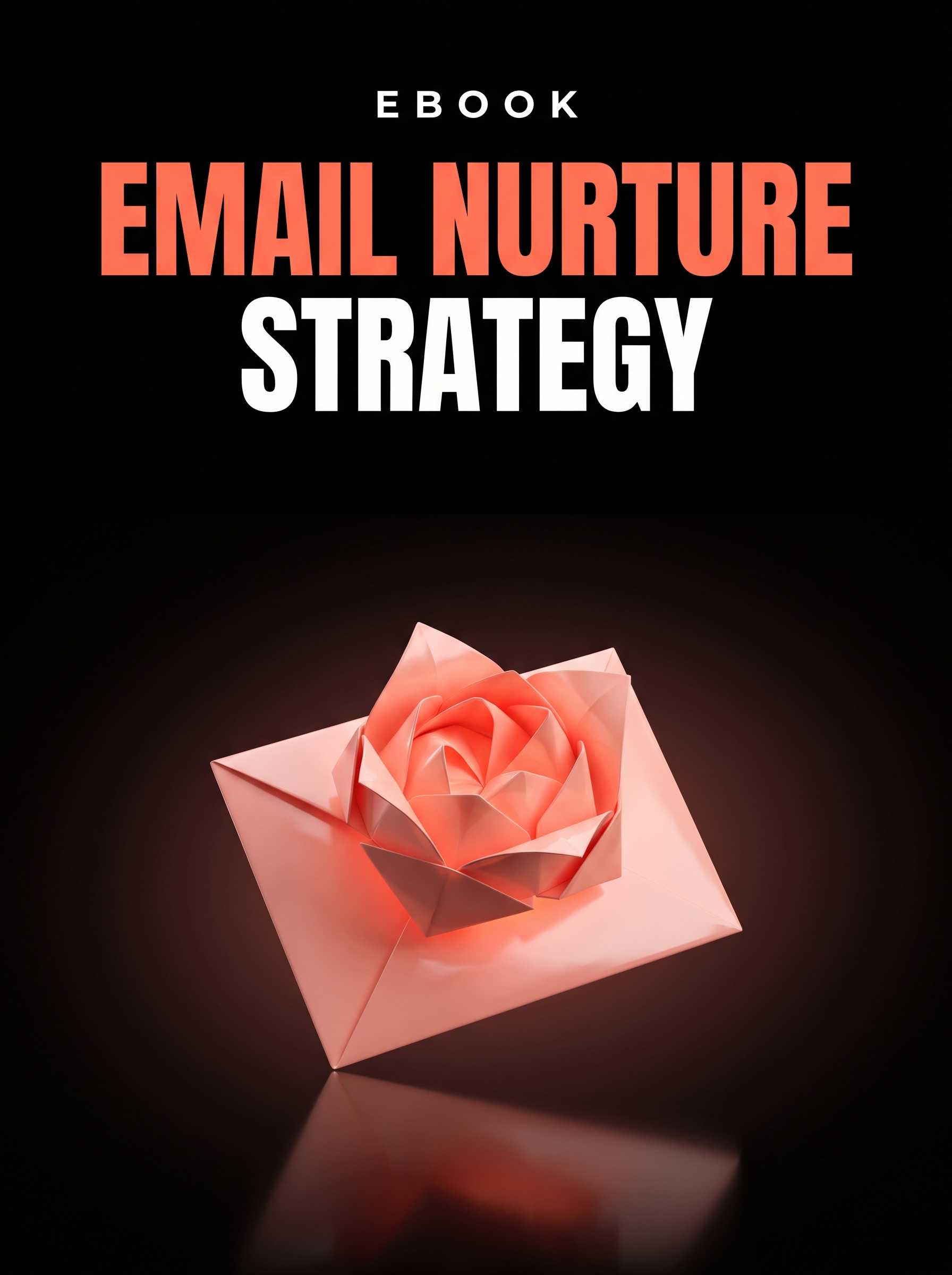Email Nurture Strategy ebook cover, a glowing coral origami envelope flower on black, from Buscemi IT Solutions