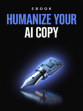 Humanize Your AI Copy ebook cover, a glowing blue pen nib fused with a circuit chip on black, from Buscemi IT Solutions