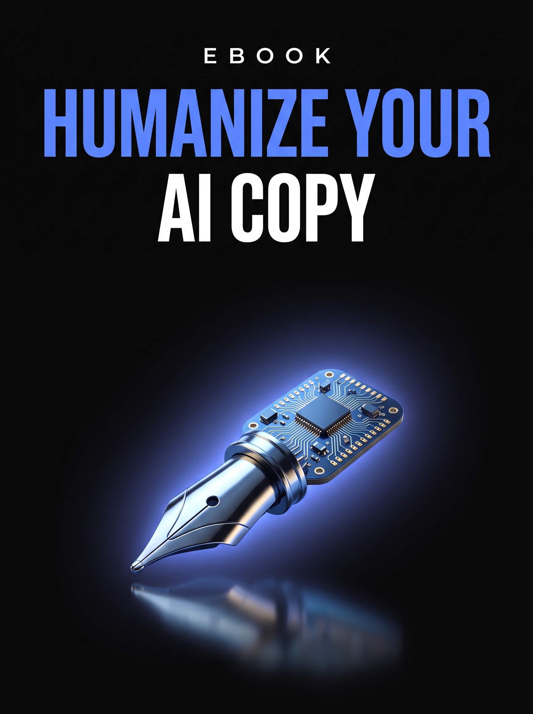 Humanize Your AI Copy ebook cover, a glowing blue pen nib fused with a circuit chip on black, from Buscemi IT Solutions