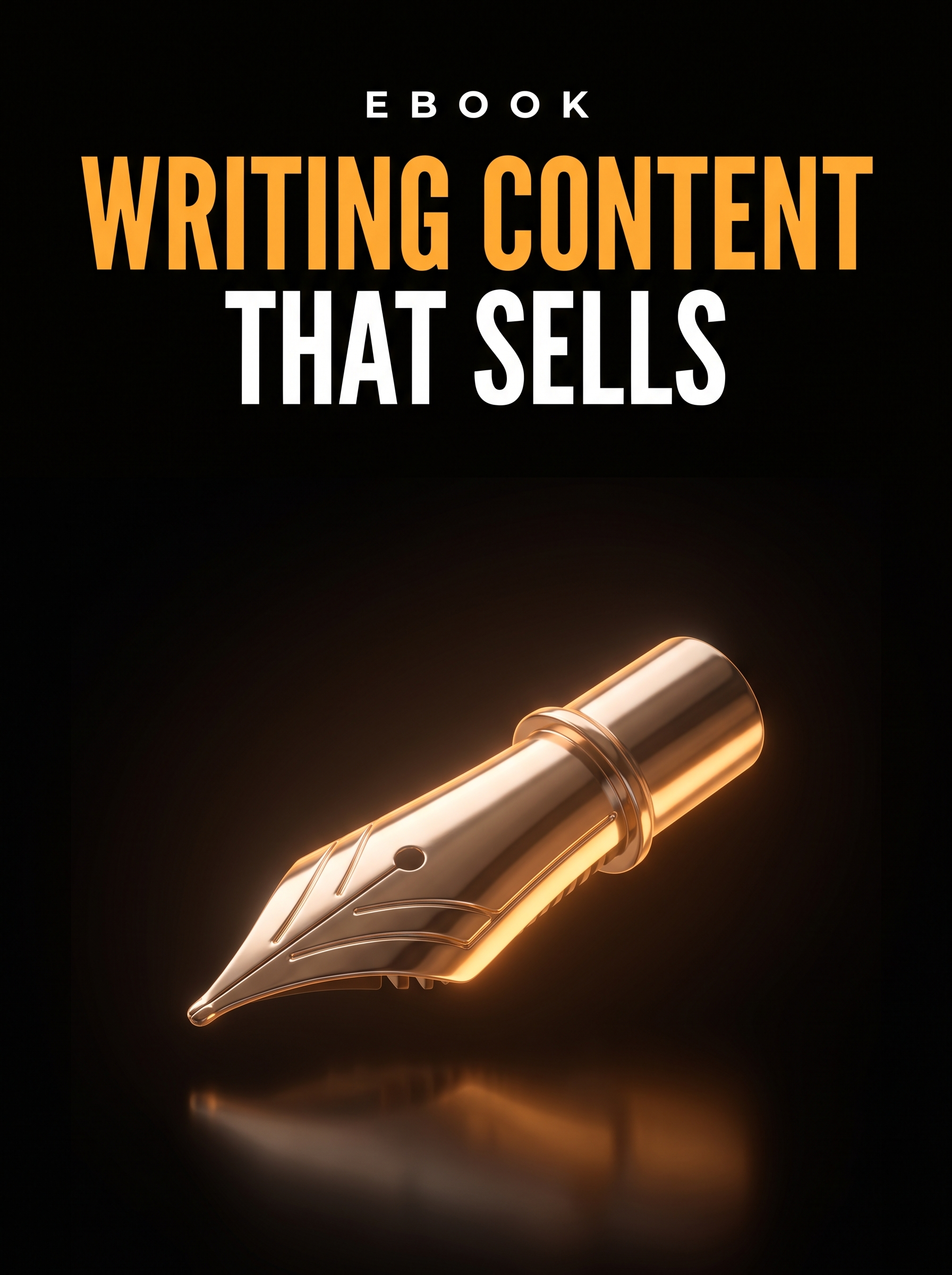 Writing Content That Sells ebook cover, a glowing amber fountain pen nib on black, from Buscemi IT Solutions