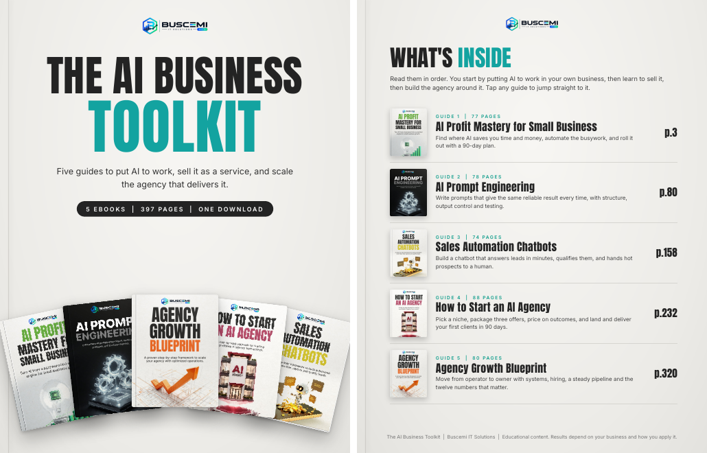 The AI Business Toolkit bundle cover page and contents page